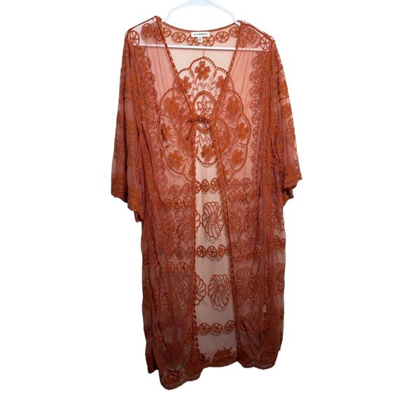 Roomates Kimono Women's Large Orange Lace Mesh Sheer Tie Cottage Boho - Picture 1 of 9